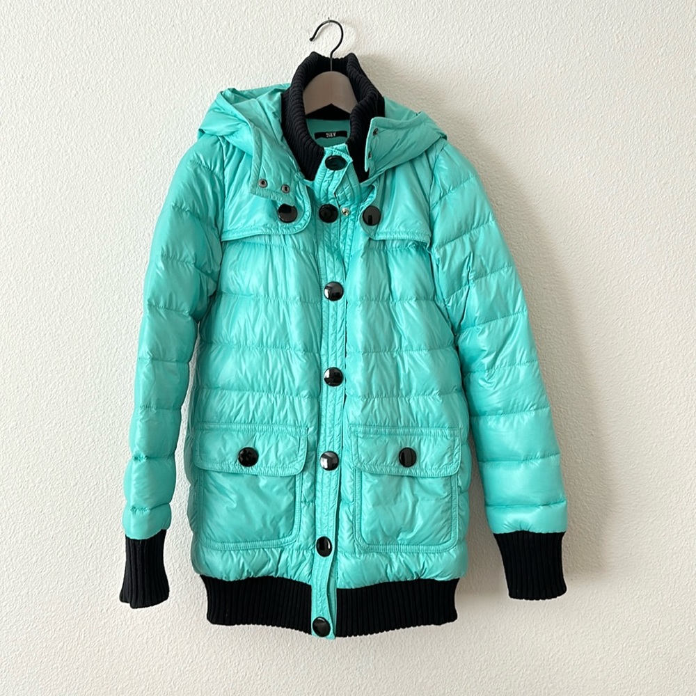 SLY puffer jacket mint green winter coat removable hoodie